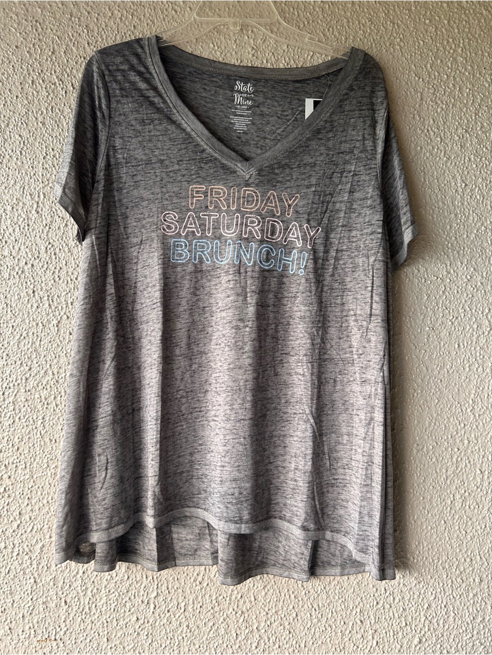 State of Mine Woman’s Friday Saturday Brunch Vneck T-Shrit Tee Gray 2X NWT